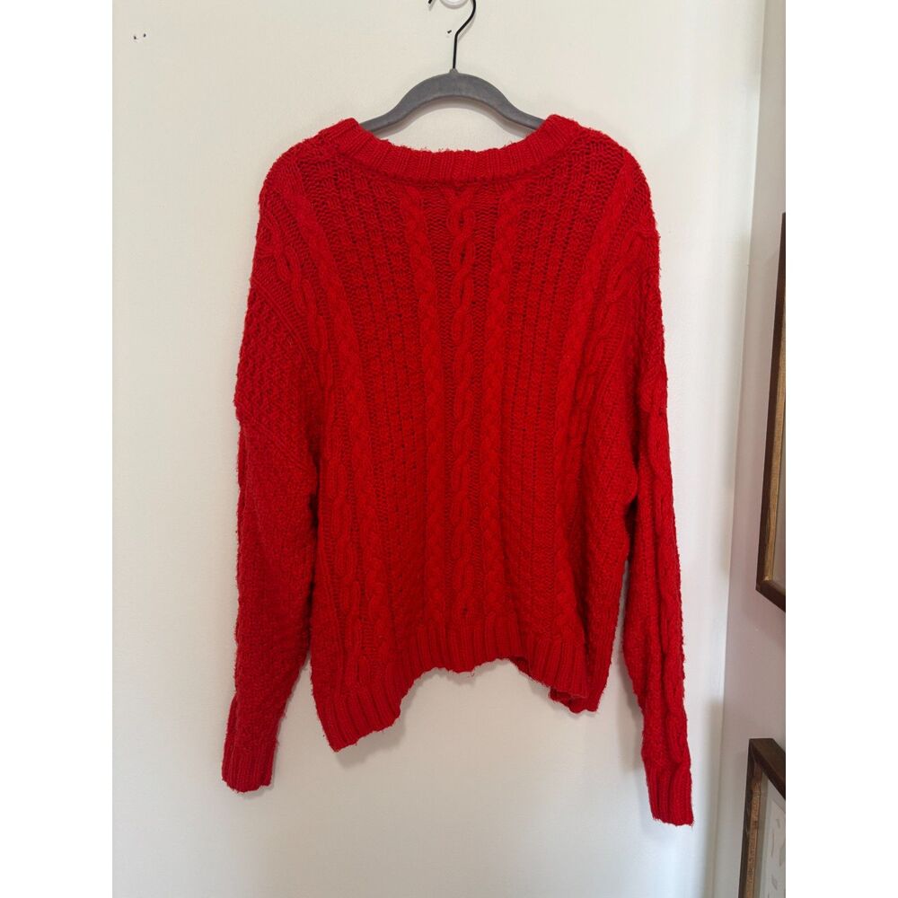 Aerie Red Cable Knit Sweater M Chunky Cozy Cotton Blend Jewel Tone Spring Preppy